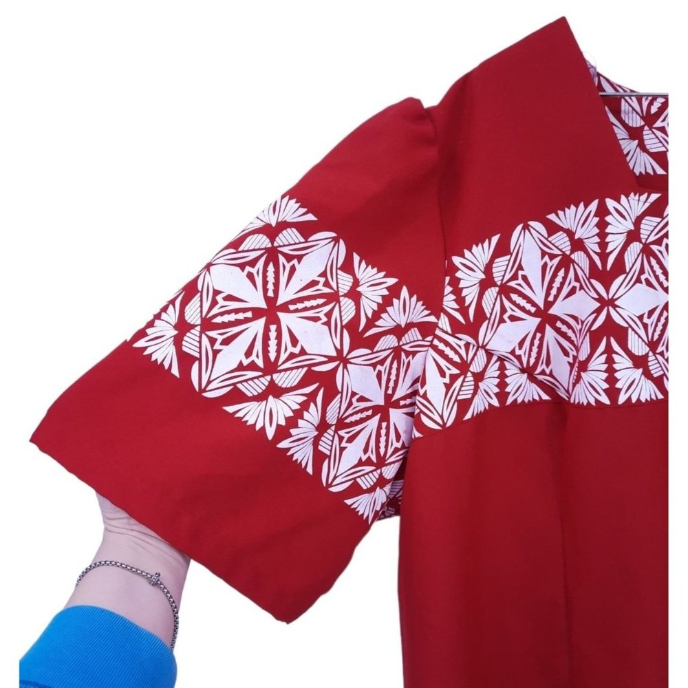VTG 80s Red Hawaiian Puff Sleeve Square Neck Blouse Wrap Skirt Set Plus Size 5X - Picture 3 of 11